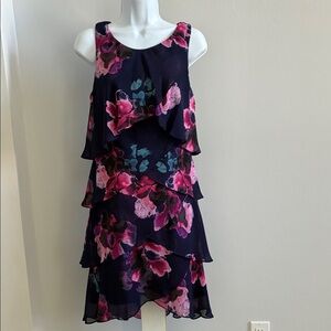 SLNY Navy Layered Chiffon Dress with Pink Floral Print